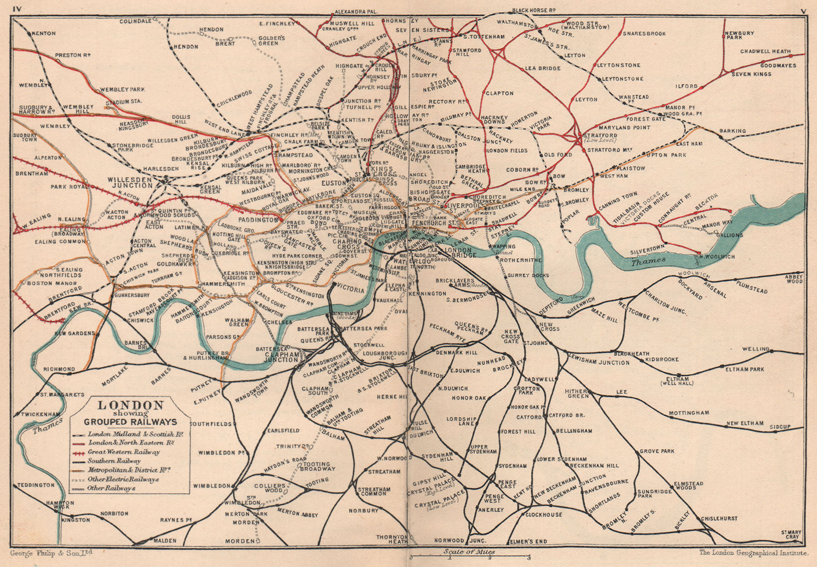 LONDON RAILWAYS showing groups/companies. LMSR LNER GWR SR. Tube lines 1932 map